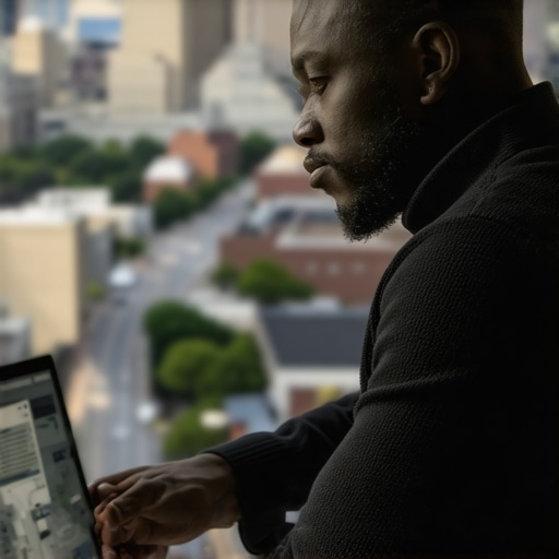 Digital marketer analyzing SEO data with Saint Paul cityscape