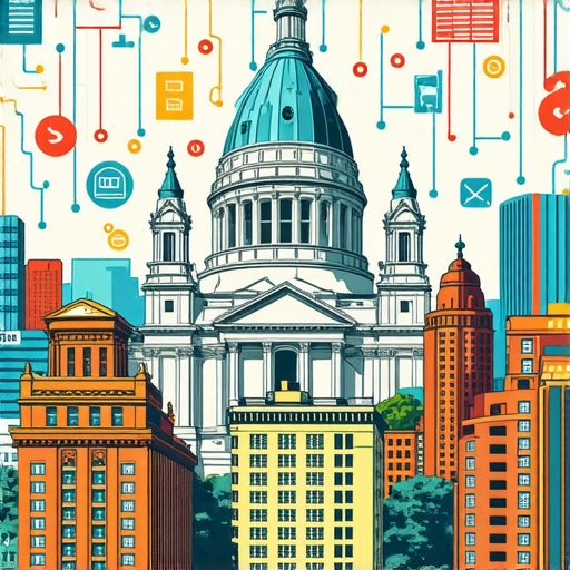 Saint Paul landmarks integrated with digital marketing icons for local SEO.