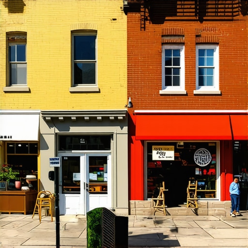 A lively street scene in Saint Paul showcasing local businesses and community engagement