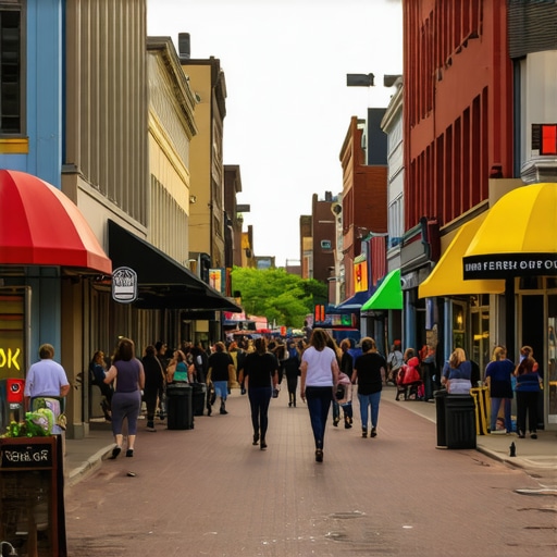 Community street scene in Saint Paul with local shops and people