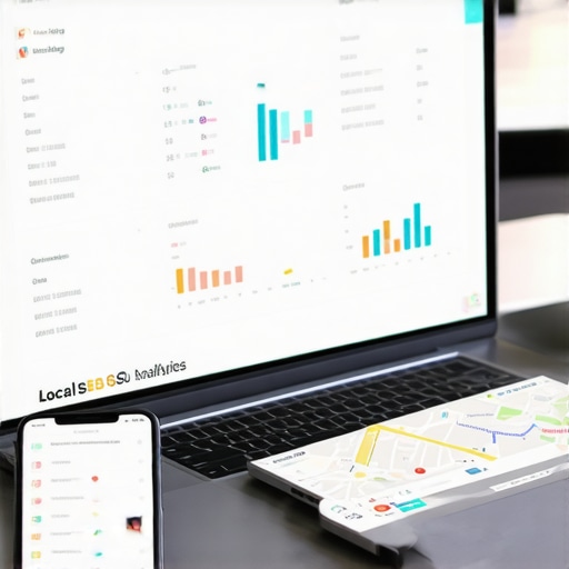 Settings and analytics dashboard showing local SEO metrics, citation status, and review monitoring on multiple devices.