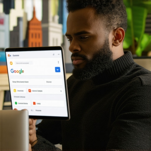 Digital marketer updating a Google My Business listing with local Saint Paul landmarks in background.