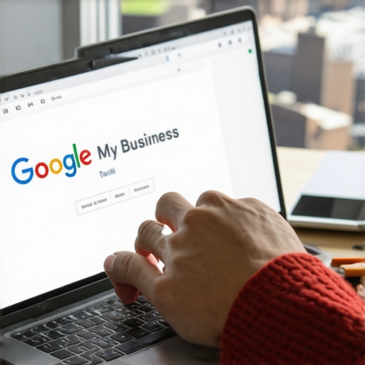 Person editing Google My Business profile on laptop with Saint Paul cityscape in background.