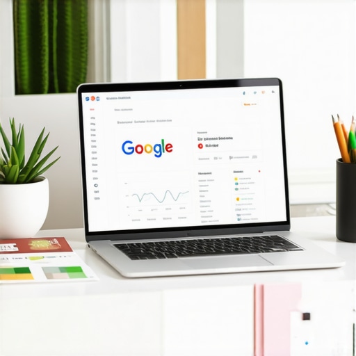 A workspace showing GMB dashboard on a computer screen with marketing tools around it.