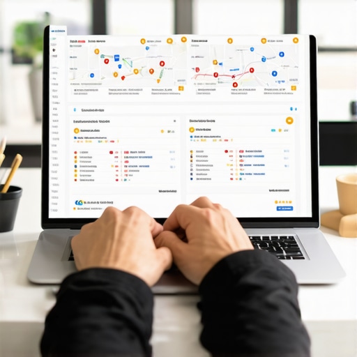Person reviewing local SEO metrics on a laptop showing Google Maps and GMB dashboard.