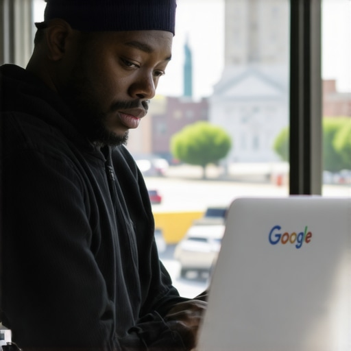 Business owner optimizing Google My Business profile on laptop with Saint Paul landmarks