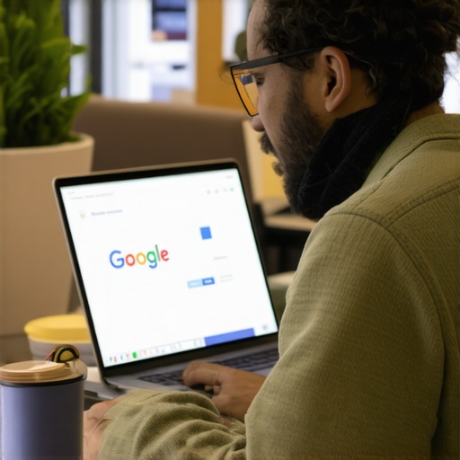 Business owner updating Google My Business profile on laptop inside storefront.