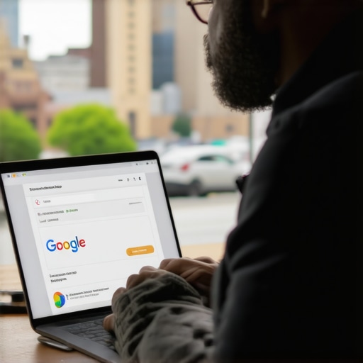 Business owner updating Google My Business profile on a laptop near Saint Paul landmarks.