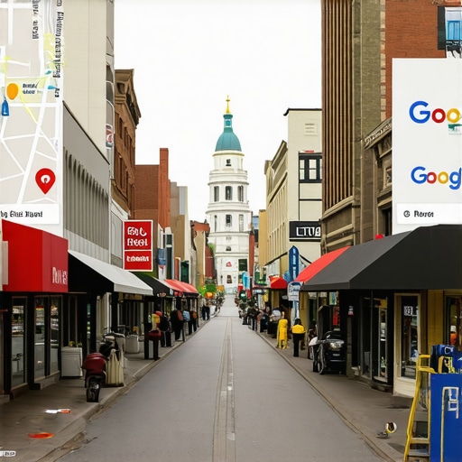 A busy Saint Paul street with local shops and a Google Maps overlay highlighting local search results.