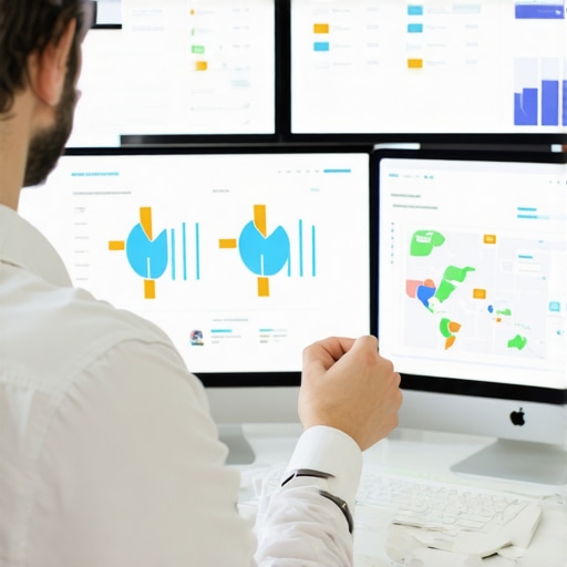 Digital marketer reviewing SEO performance charts and local maps on screens.
