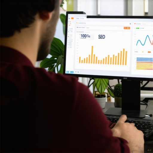 Digital marketer analyzing local SEO data on a computer with charts and maps.