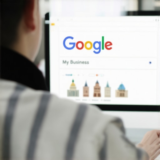 Person updating Google My Business profile on computer with Saint Paul landmarks.