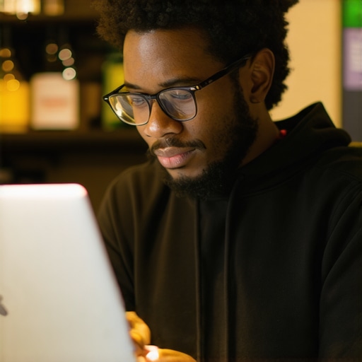 Business owner updating Google My Business profile on a laptop in a Saint Paul shop.