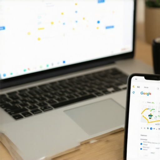 Workspace with SEO dashboards, laptop, and Google Maps on smartphone.