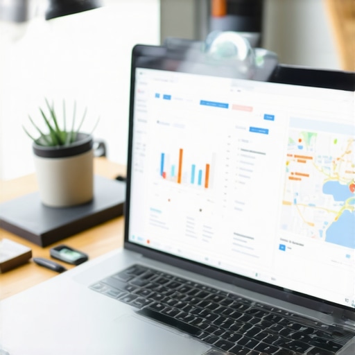 Desk with SEO analytics, maps, and tools for local SEO maintenance.