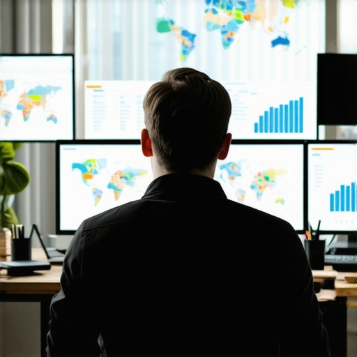 Digital marketer reviewing local SEO performance metrics on multiple screens with maps and graphs