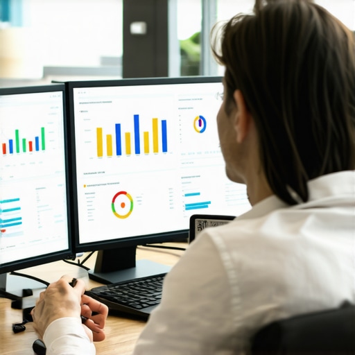 A professional analyzing SEO metrics and tools on a computer to maintain local search rankings.