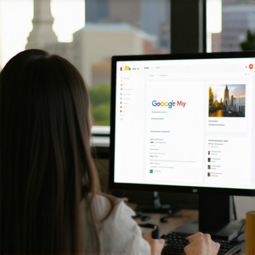 Person editing Google My Business profile with Saint Paul landmarks in background.