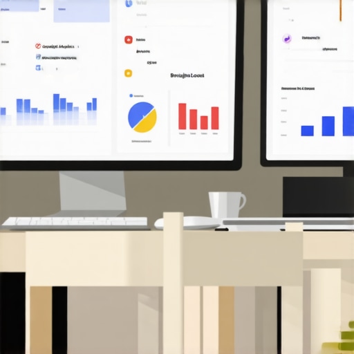 Desk with multiple monitors displaying SEO dashboards, analytics, and heatmaps, illustrating SEO maintenance.