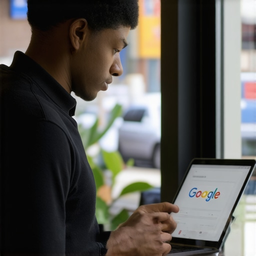 Business owner editing Google My Business details on laptop in Saint Paul storefront