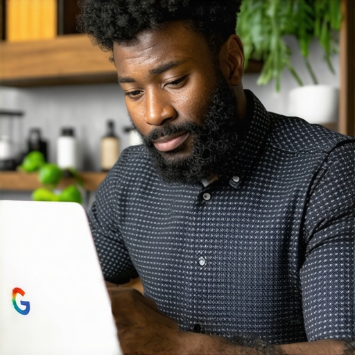 Optimizing GMB Profile Business owner editing GMB profile on laptop during SEO optimization process.